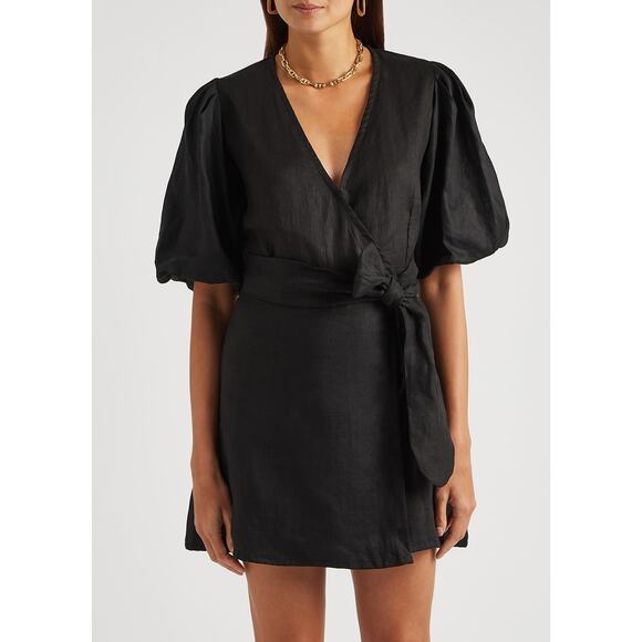 FAITHFULL THE BRAND 'Godiva' Black Linen Wrap Dress US 10 - Picture 2 of 12